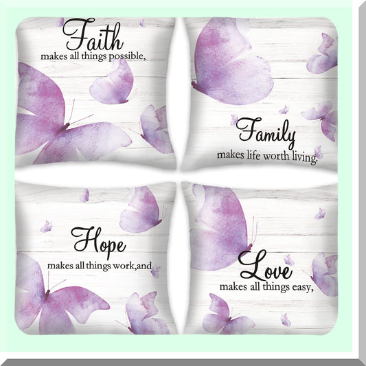 Butterfly Faith Hope Love Decorative Pillow Covers - Set of 4, 18x18 Inches, Vintage Style Cushion Cover for Home Decor, Purple Square Couch Pillow Case
