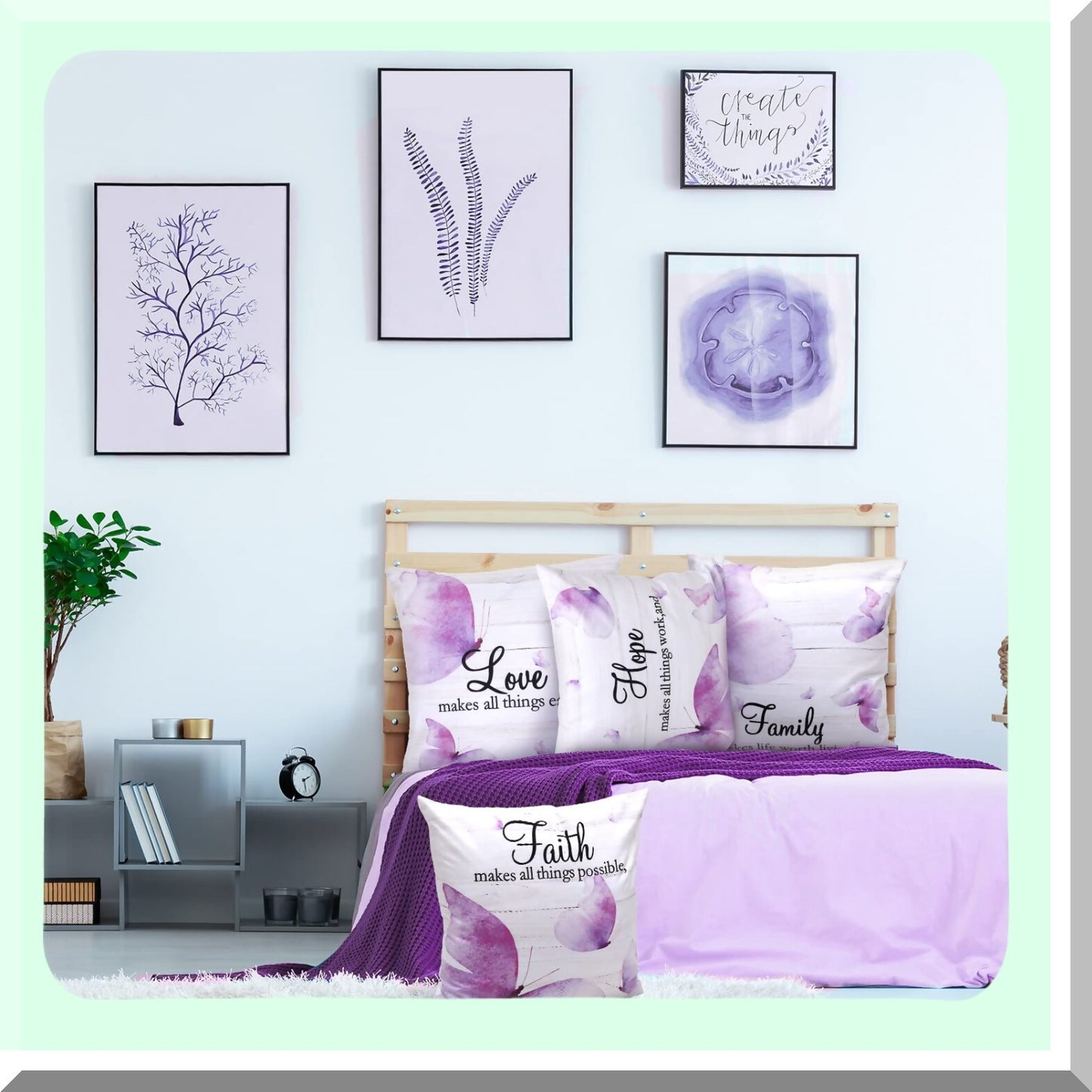 Butterfly Faith Hope Love Decorative Pillow Covers - Set of 4, 18x18 Inches, Vintage Style Cushion Cover for Home Decor, Purple Square Couch Pillow Case