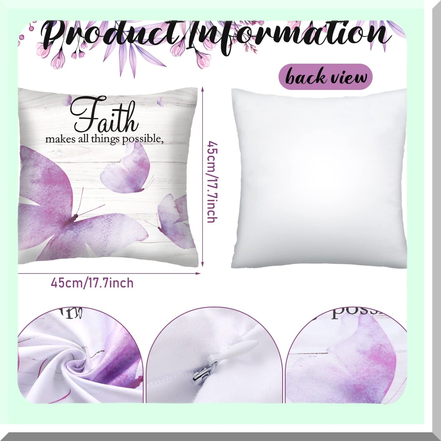 Butterfly Faith Hope Love Decorative Pillow Covers - Set of 4, 18x18 Inches, Vintage Style Cushion Cover for Home Decor, Purple Square Couch Pillow Case
