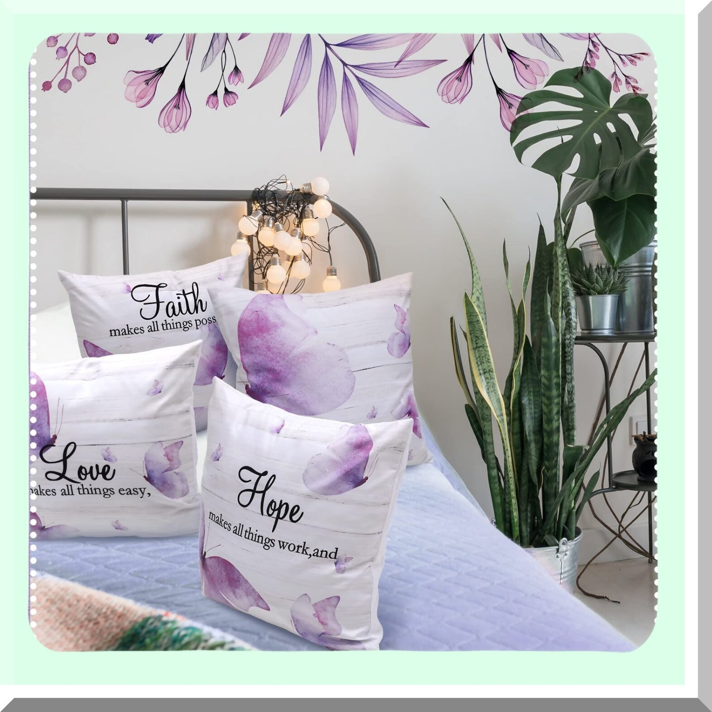 Butterfly Faith Hope Love Decorative Pillow Covers - Set of 4, 18x18 Inches, Vintage Style Cushion Cover for Home Decor, Purple Square Couch Pillow Case