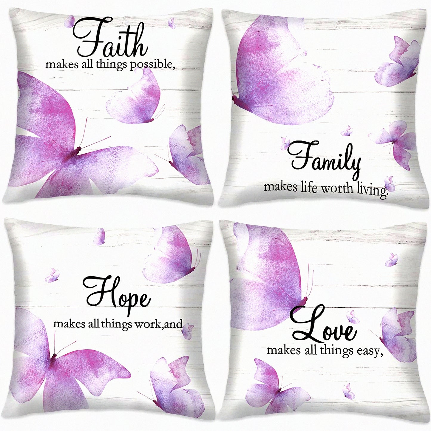 Butterfly Faith Hope Love Decorative Pillow Covers - Set of 4, 18x18 Inches, Vintage Style Cushion Cover for Home Decor, Purple Square Couch Pillow Case