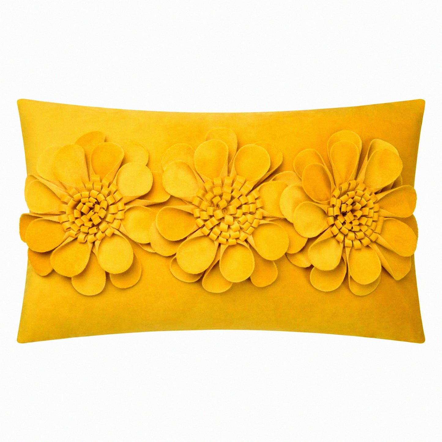Sunflower Velvet Lumbar Pillowcase - Decorative Hand-Ed Flower Pillow Cover for Home Bed Sofa Couch Chair, Yellow Throw Cushion 12x20 Inches