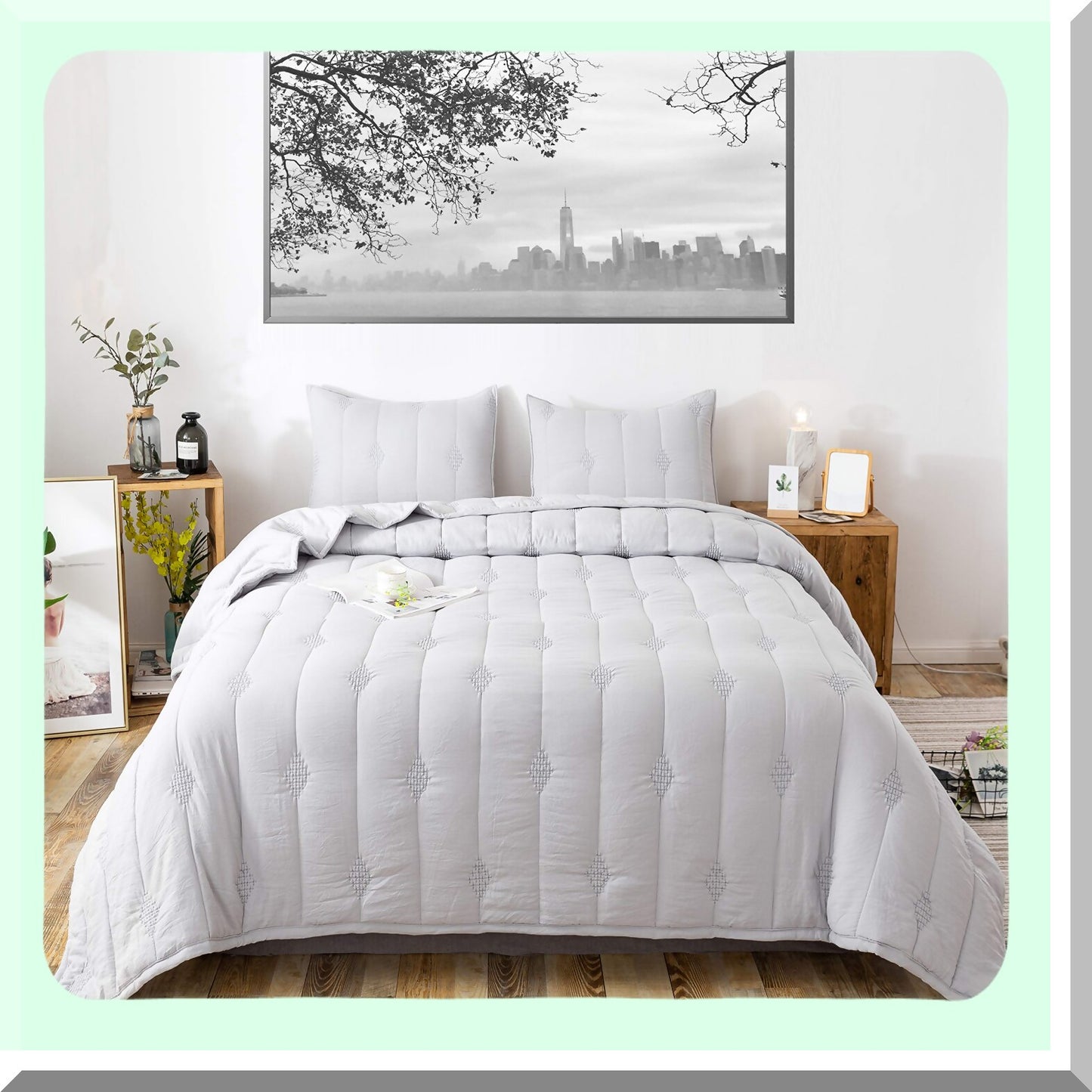 StoneWash Comforter Set - Soft Microfiber Fill - Allover Embroidery Stitching - Machine Washable - Solid Colors - Light Grey Twin Set