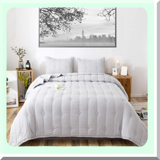 StoneWash Comforter Set - Soft Microfiber Fill - Allover Embroidery Stitching - Machine Washable - Solid Colors - Light Grey Twin Set