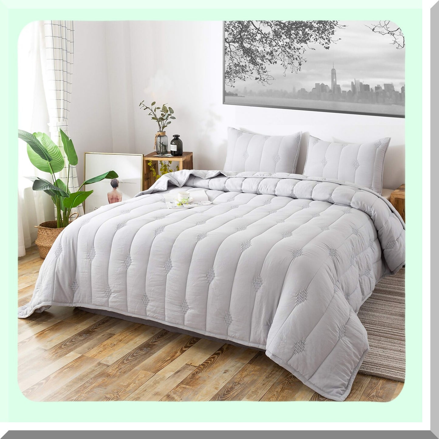 StoneWash Comforter Set - Soft Microfiber Fill - Allover Embroidery Stitching - Machine Washable - Solid Colors - Light Grey Twin Set
