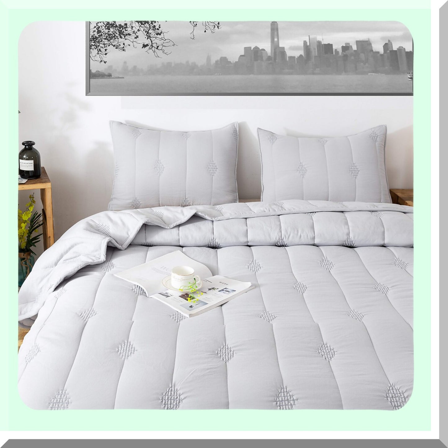 StoneWash Comforter Set - Soft Microfiber Fill - Allover Embroidery Stitching - Machine Washable - Solid Colors - Light Grey Twin Set