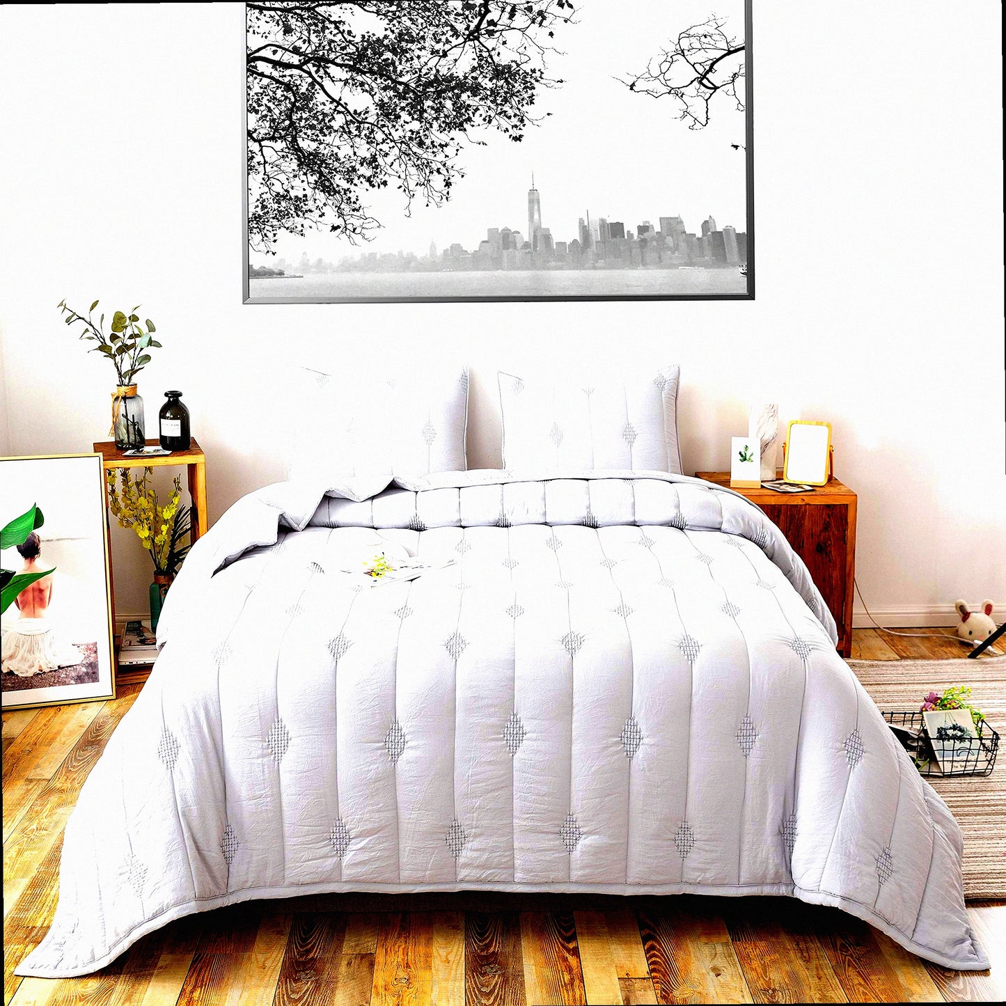 StoneWash Comforter Set - Soft Microfiber Fill - Allover Embroidery Stitching - Machine Washable - Solid Colors - Light Grey Twin Set