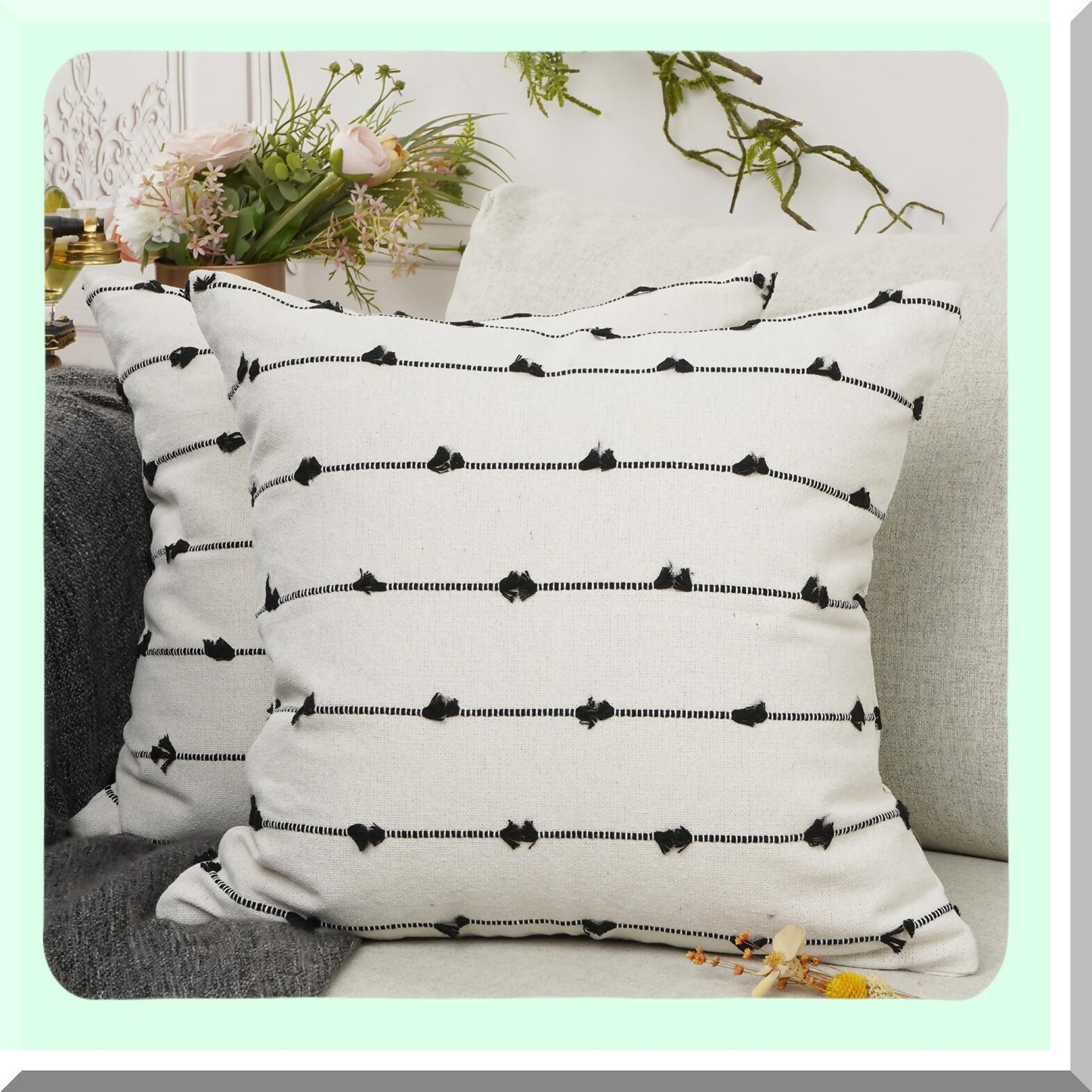 Boho Farmhouse Stripe Linen Pillow Covers - Set of 2 Decorative Textured Cushion Cases for Sofa Couch, Living Room - Black Yarn Dyed Throw Pillow 18''x 18''