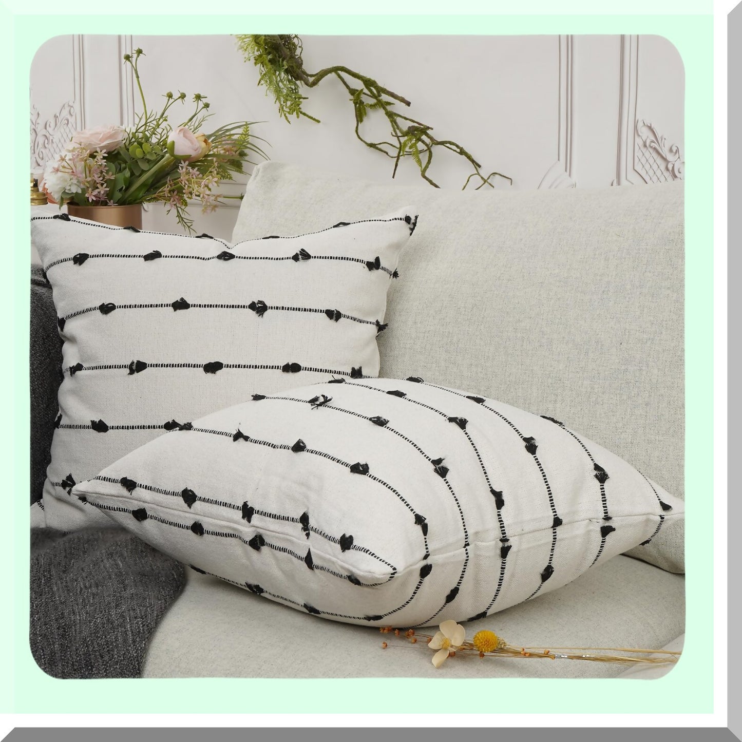 Boho Farmhouse Stripe Linen Pillow Covers - Set of 2 Decorative Textured Cushion Cases for Sofa Couch, Living Room - Black Yarn Dyed Throw Pillow 18''x 18''