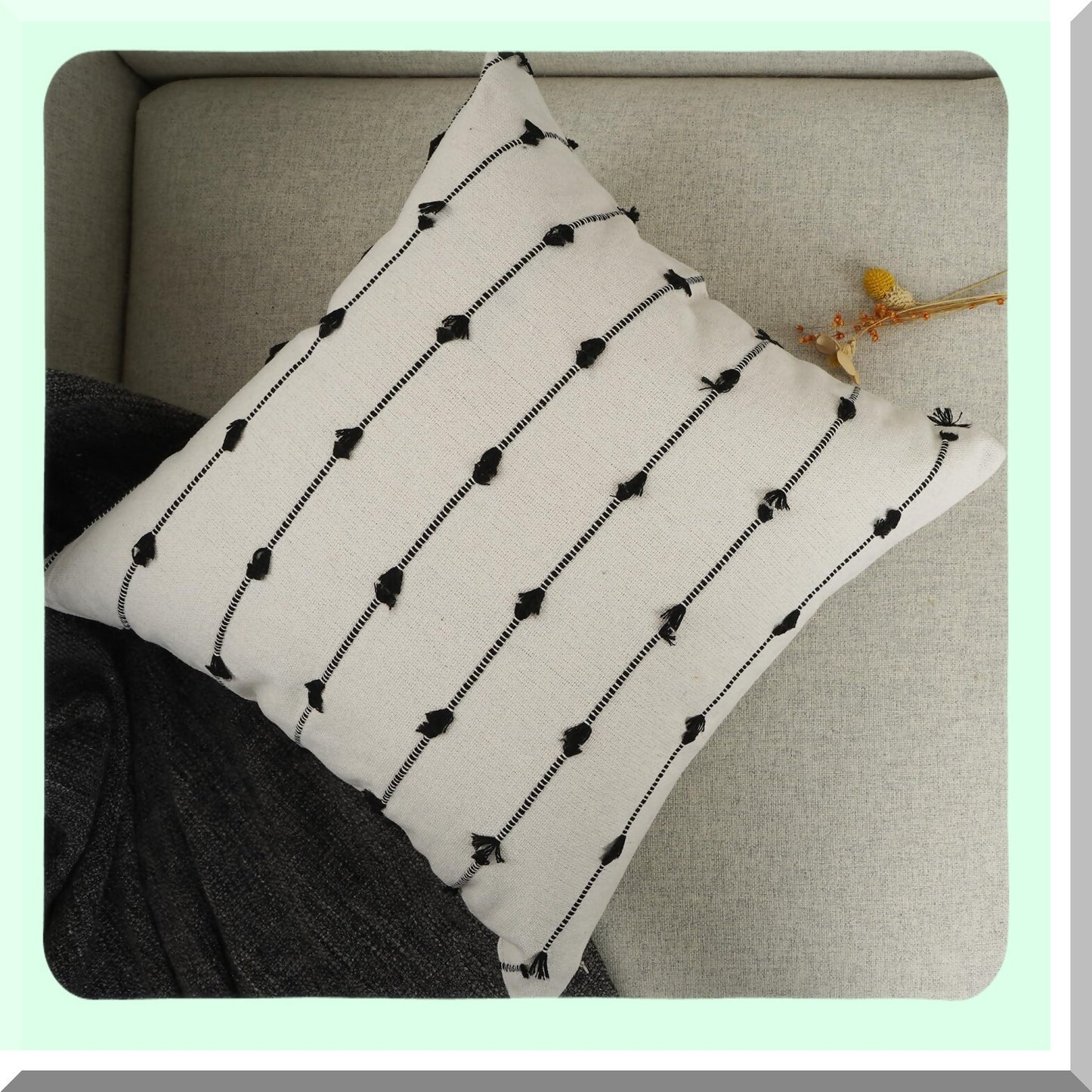 Boho Farmhouse Stripe Linen Pillow Covers - Set of 2 Decorative Textured Cushion Cases for Sofa Couch, Living Room - Black Yarn Dyed Throw Pillow 18''x 18''