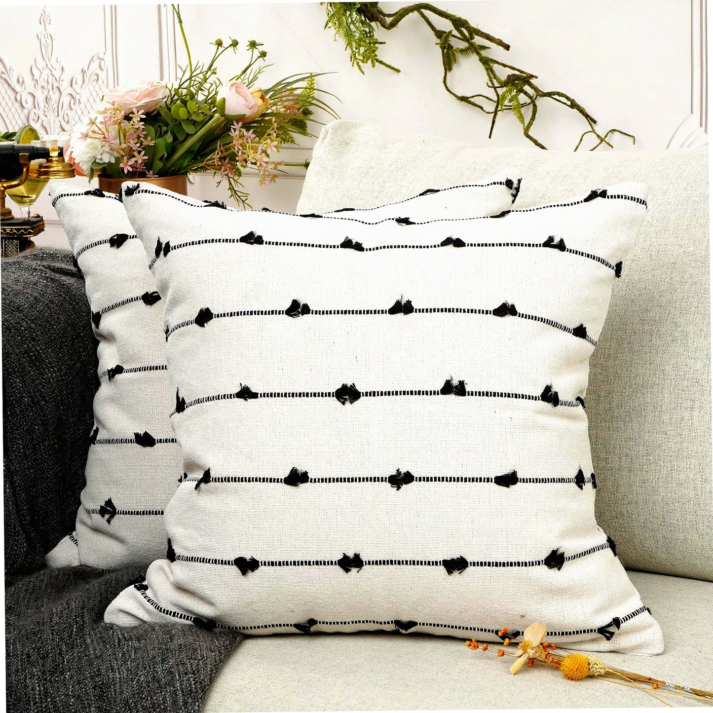 Boho Farmhouse Stripe Linen Pillow Covers - Set of 2 Decorative Textured Cushion Cases for Sofa Couch, Living Room - Black Yarn Dyed Throw Pillow 18''x 18''