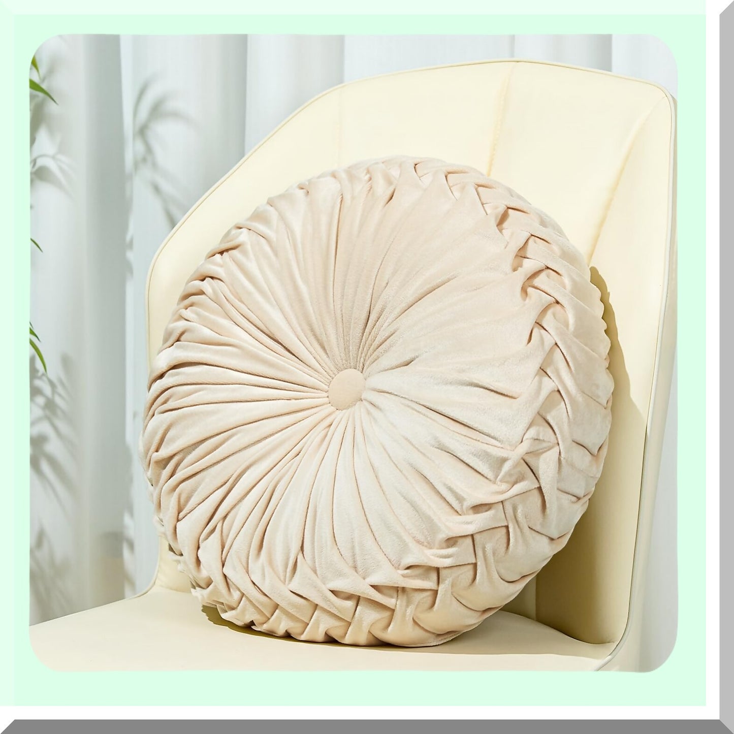 Luxury Velvet Pleated Floor Cushion - Round Ivory Throw Pillow for Home Decor, Seating Cushion for Couch Chair - 15.7'' Diameter