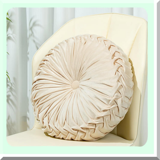 Luxury Velvet Pleated Floor Cushion - Round Ivory Throw Pillow for Home Decor, Seating Cushion for Couch Chair - 15.7'' Diameter