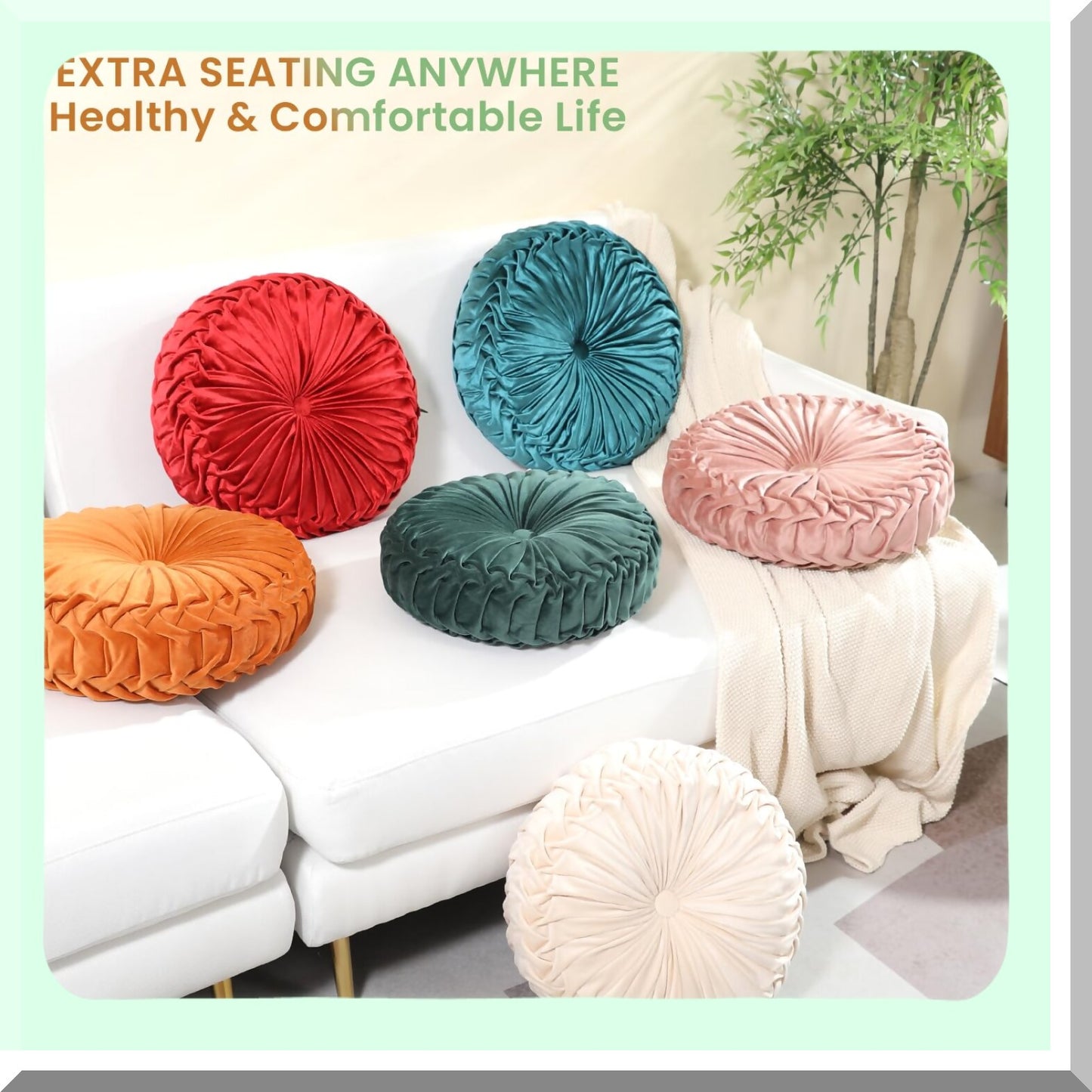 Luxury Velvet Pleated Floor Cushion - Round Ivory Throw Pillow for Home Decor, Seating Cushion for Couch Chair - 15.7'' Diameter