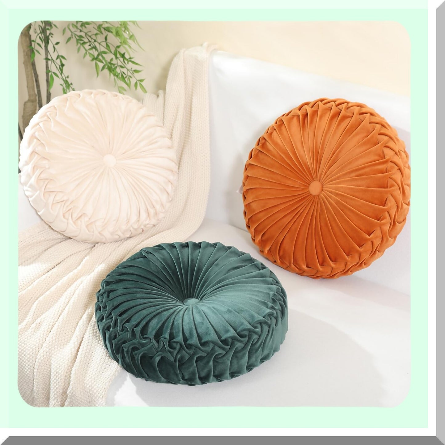 Luxury Velvet Pleated Floor Cushion - Round Ivory Throw Pillow for Home Decor, Seating Cushion for Couch Chair - 15.7'' Diameter