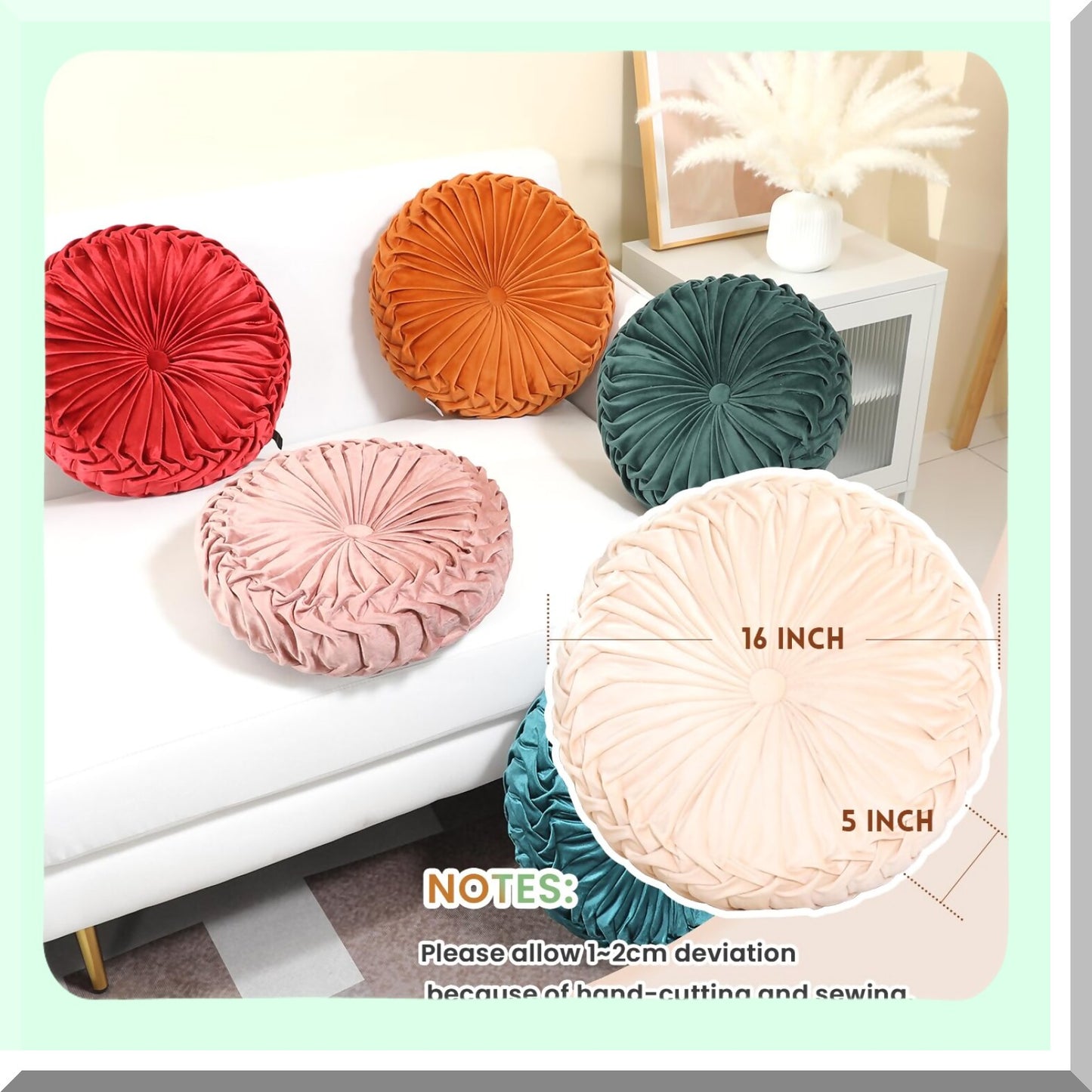 Luxury Velvet Pleated Floor Cushion - Round Ivory Throw Pillow for Home Decor, Seating Cushion for Couch Chair - 15.7'' Diameter