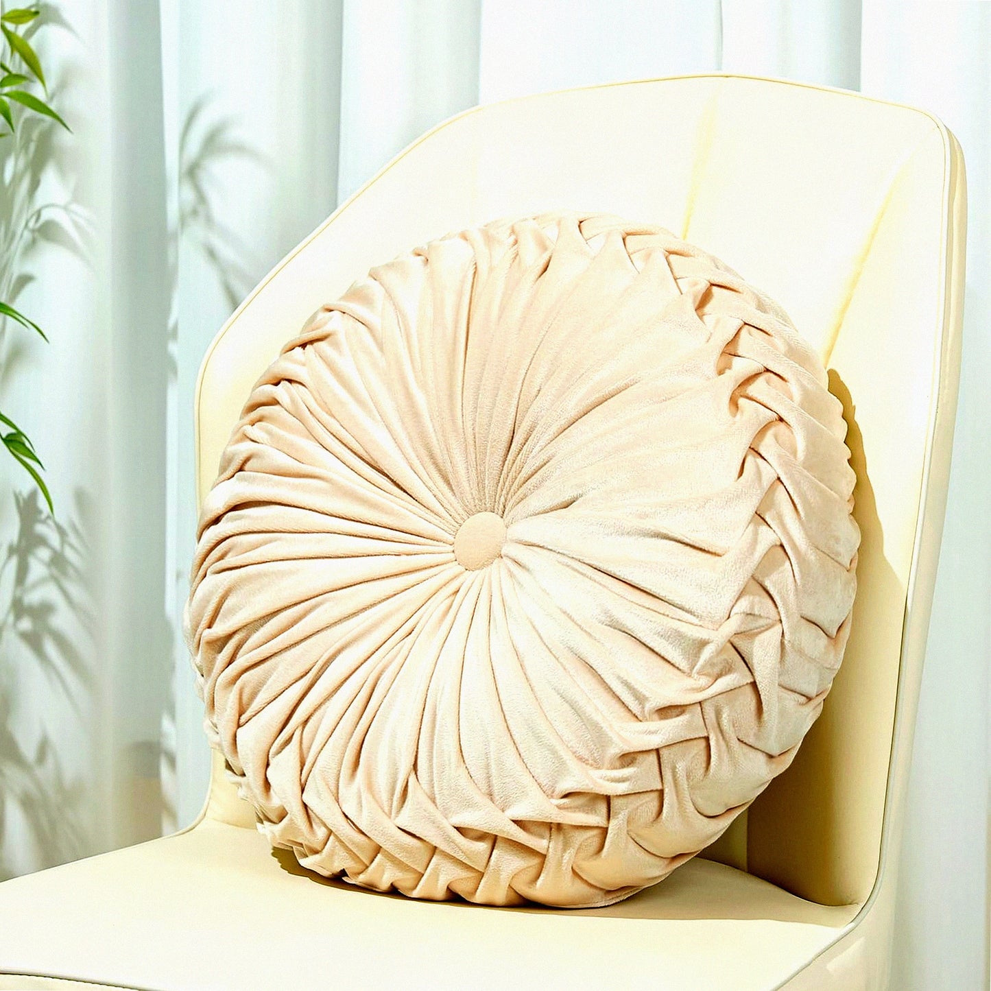 Luxury Velvet Pleated Floor Cushion - Round Ivory Throw Pillow for Home Decor, Seating Cushion for Couch Chair - 15.7'' Diameter