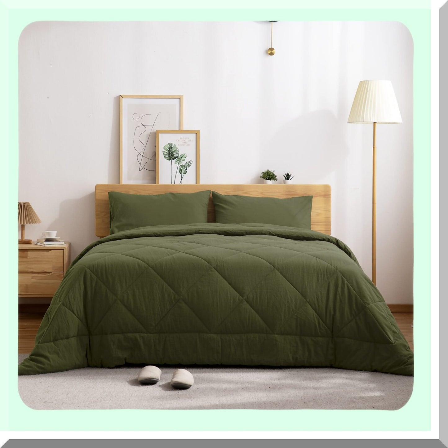 ForestLuxe Green Cotton Comforter Set - Queen Size | Soft & Durable Lightweight Bedding | 3pcs Army Green Bed Set for All Seasons | Washed Linen Feel