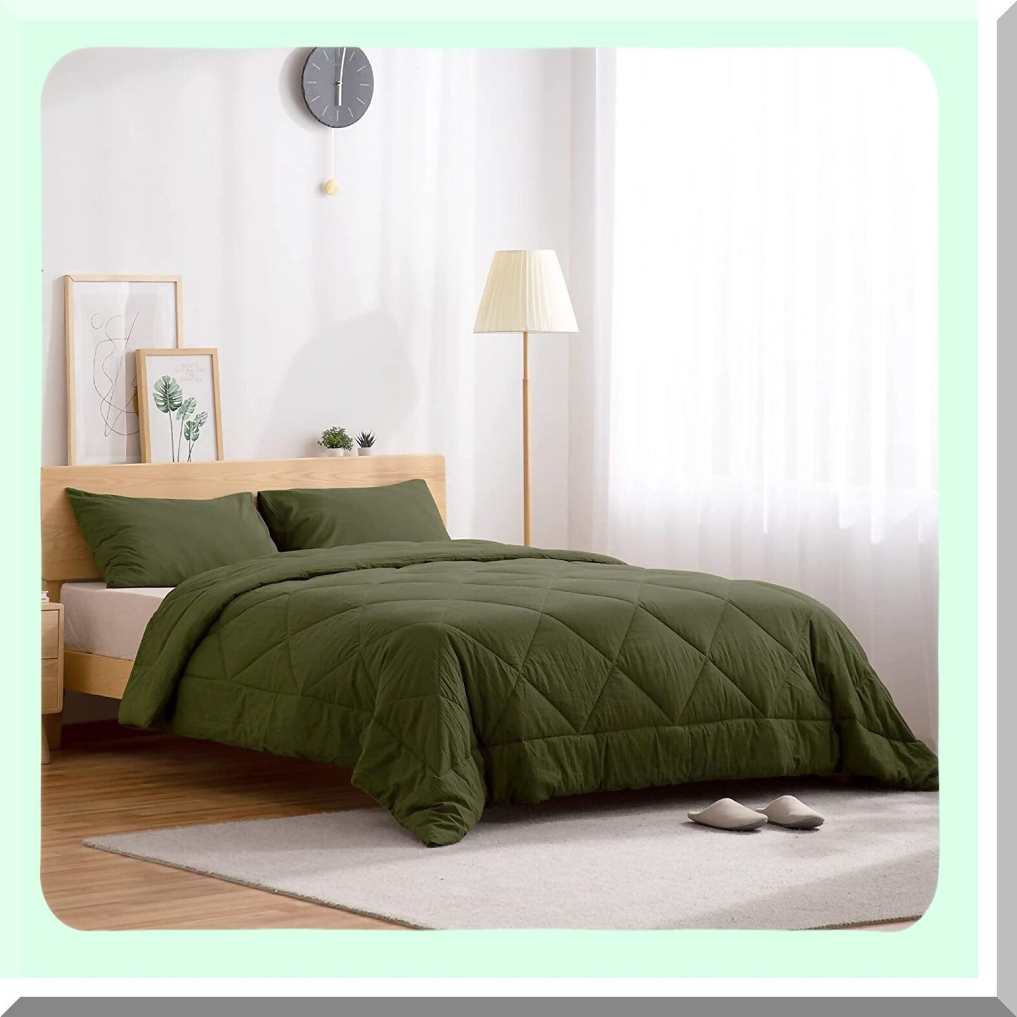 ForestLuxe Green Cotton Comforter Set - Queen Size | Soft & Durable Lightweight Bedding | 3pcs Army Green Bed Set for All Seasons | Washed Linen Feel