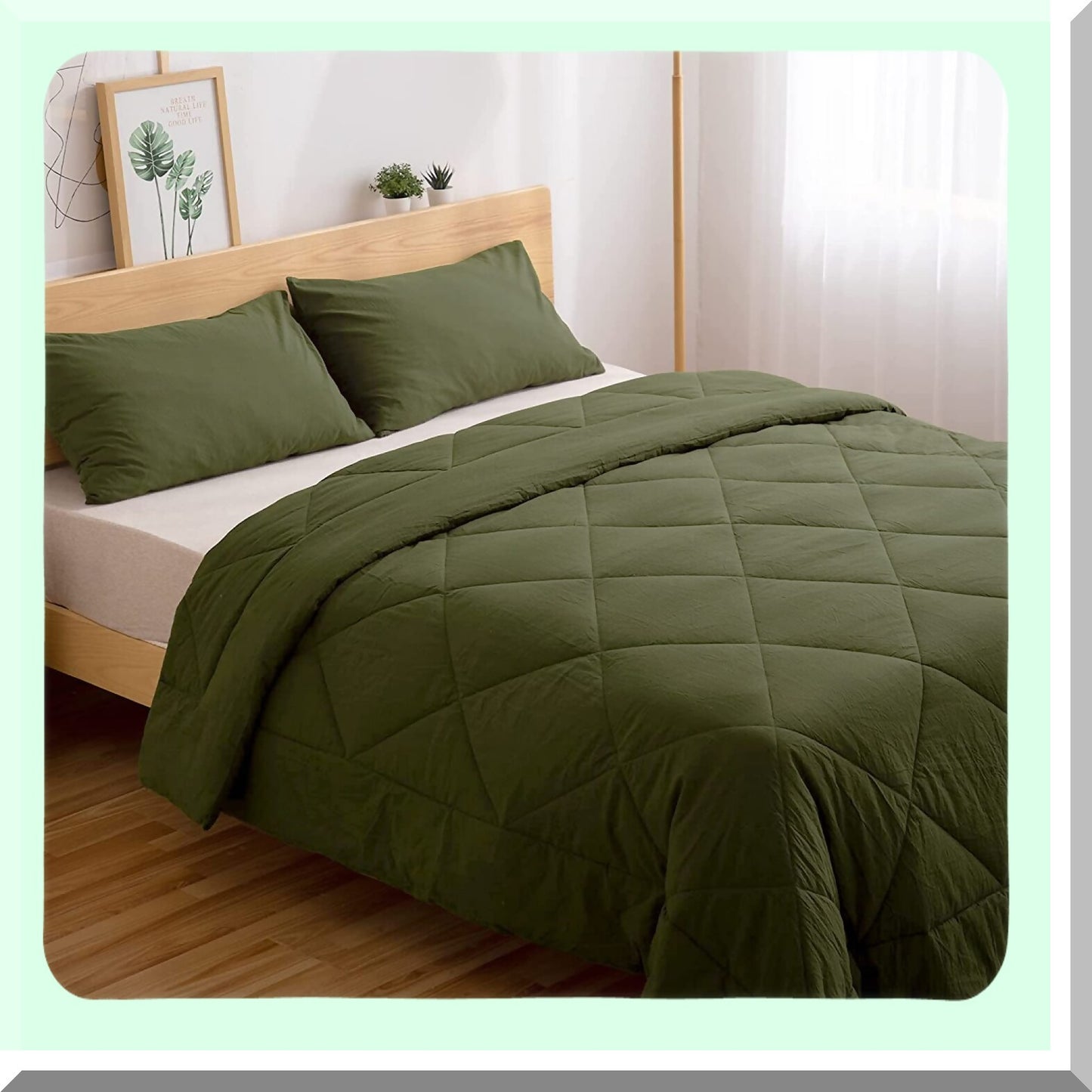 ForestLuxe Green Cotton Comforter Set - Queen Size | Soft & Durable Lightweight Bedding | 3pcs Army Green Bed Set for All Seasons | Washed Linen Feel