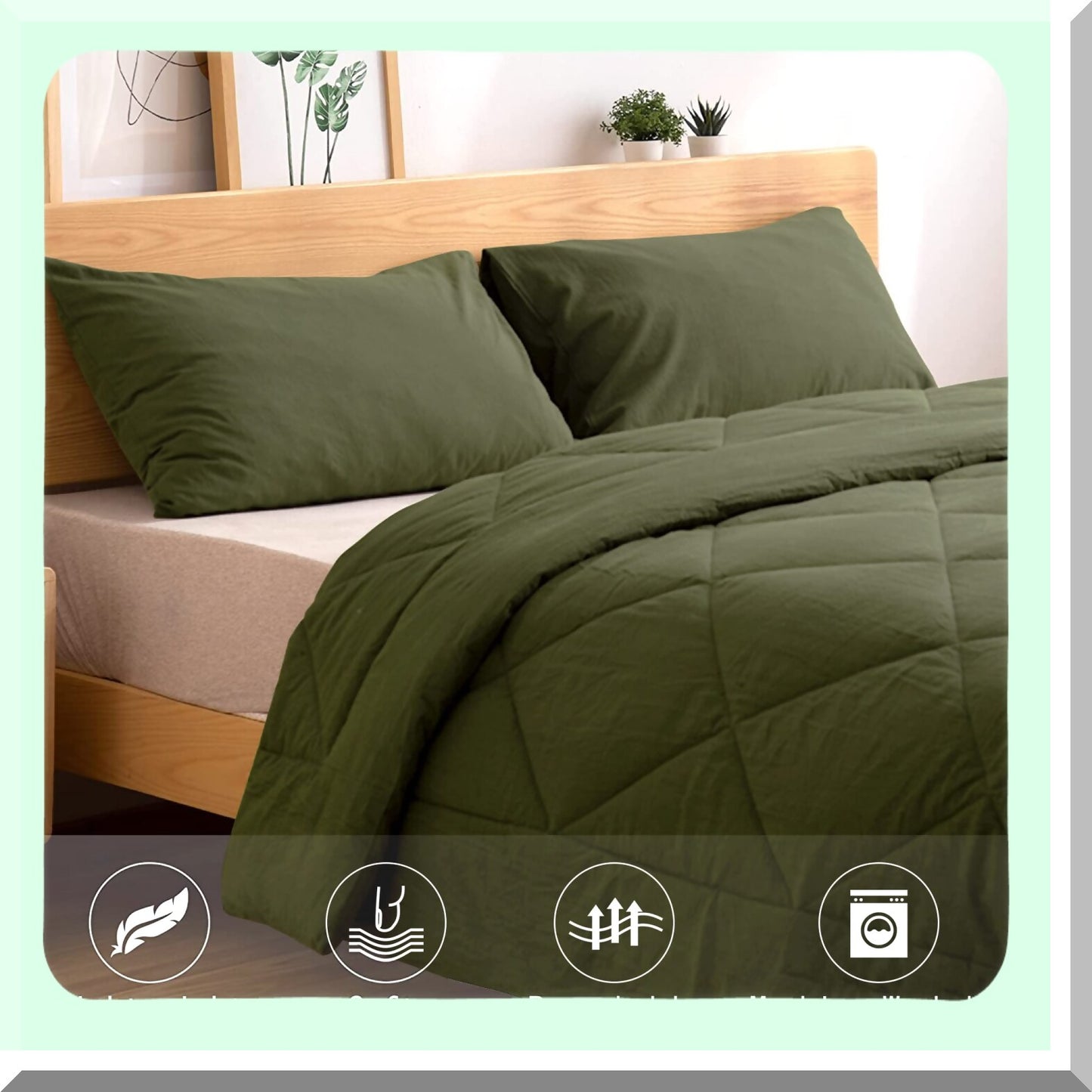 ForestLuxe Green Cotton Comforter Set - Queen Size | Soft & Durable Lightweight Bedding | 3pcs Army Green Bed Set for All Seasons | Washed Linen Feel