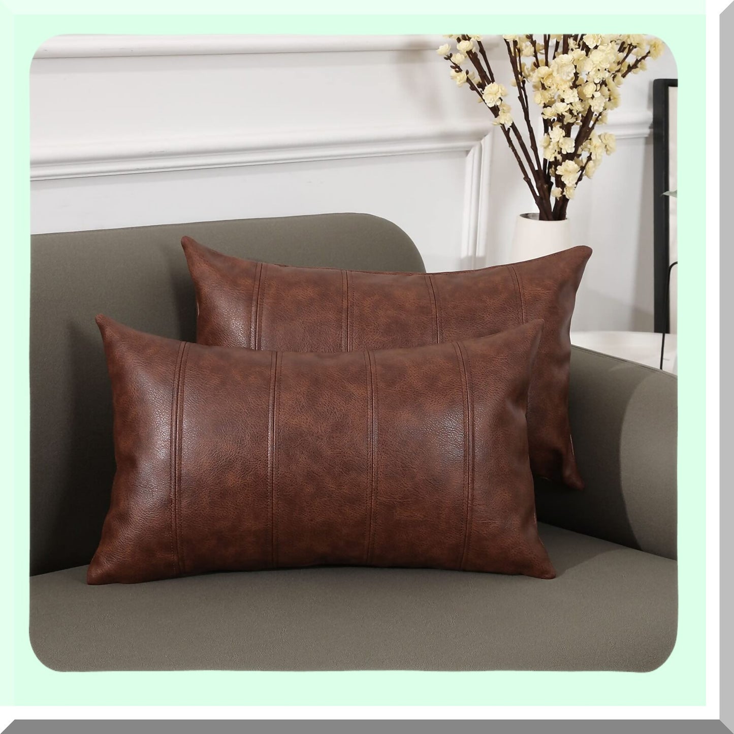 Luxury Leather Lumbar Pillow Covers - Set of 2 Modern Stripes Design Decorative Cushion Cases for Couch Sofa Bed - Dark Brown 12x20 Inches