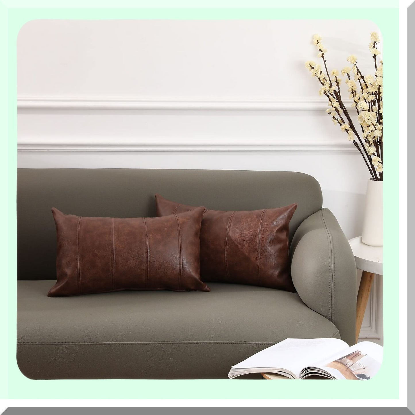 Luxury Leather Lumbar Pillow Covers - Set of 2 Modern Stripes Design Decorative Cushion Cases for Couch Sofa Bed - Dark Brown 12x20 Inches