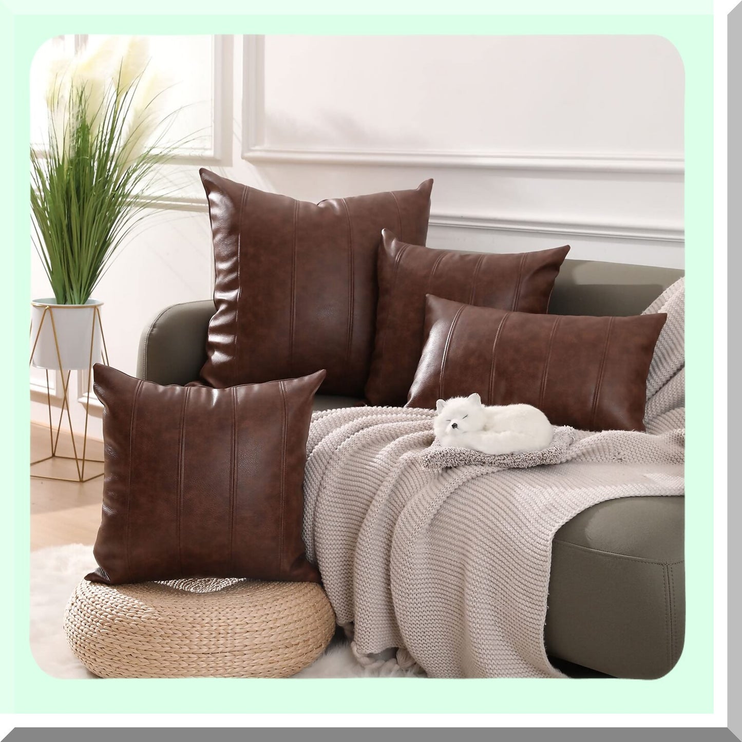 Luxury Leather Lumbar Pillow Covers - Set of 2 Modern Stripes Design Decorative Cushion Cases for Couch Sofa Bed - Dark Brown 12x20 Inches