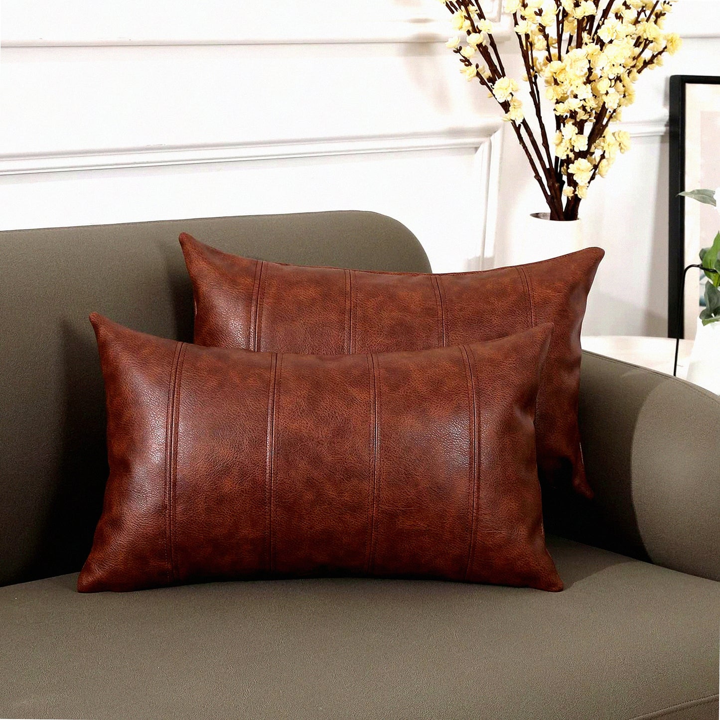 Luxury Leather Lumbar Pillow Covers - Set of 2 Modern Stripes Design Decorative Cushion Cases for Couch Sofa Bed - Dark Brown 12x20 Inches