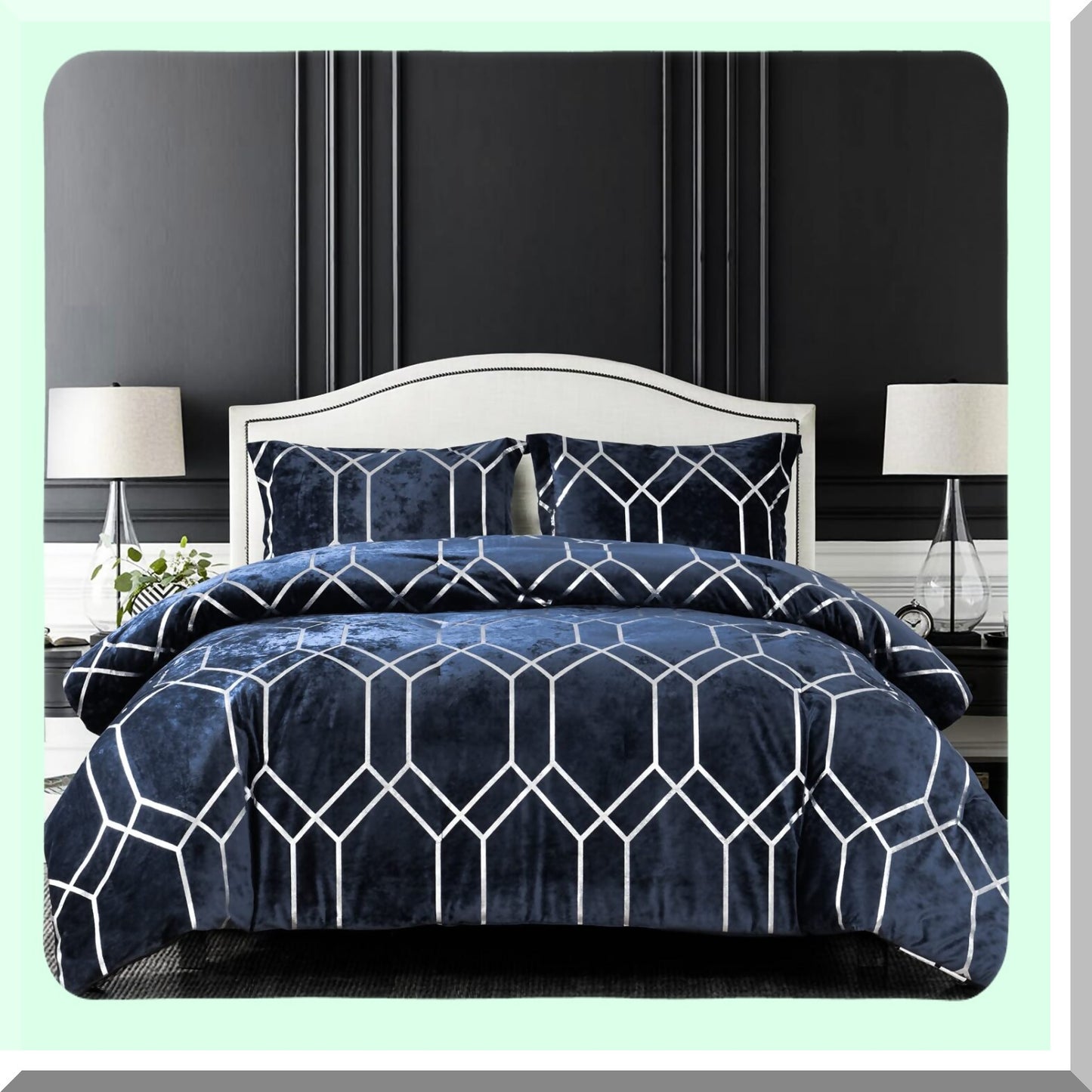 Metallic Velvet Comforter Set - Luxe Navy Silver Bedding - Soft Microfiber Reverse - Lightweight Poly Fill - 3 Piece Distressed Print Ensemble