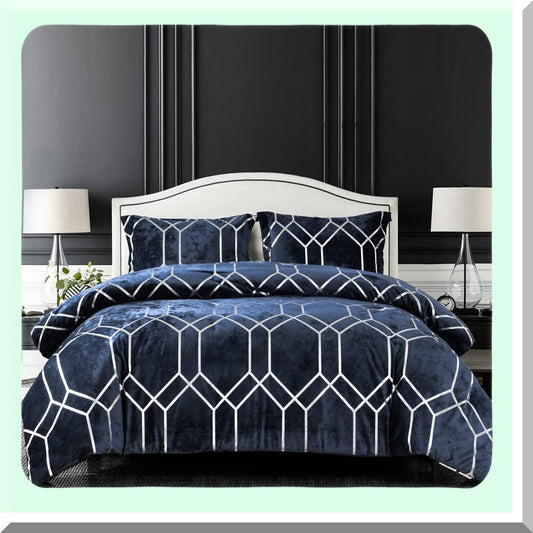 Metallic Velvet Comforter Set - Luxe Navy Silver Bedding - Soft Microfiber Reverse - Lightweight Poly Fill - 3 Piece Distressed Print Ensemble