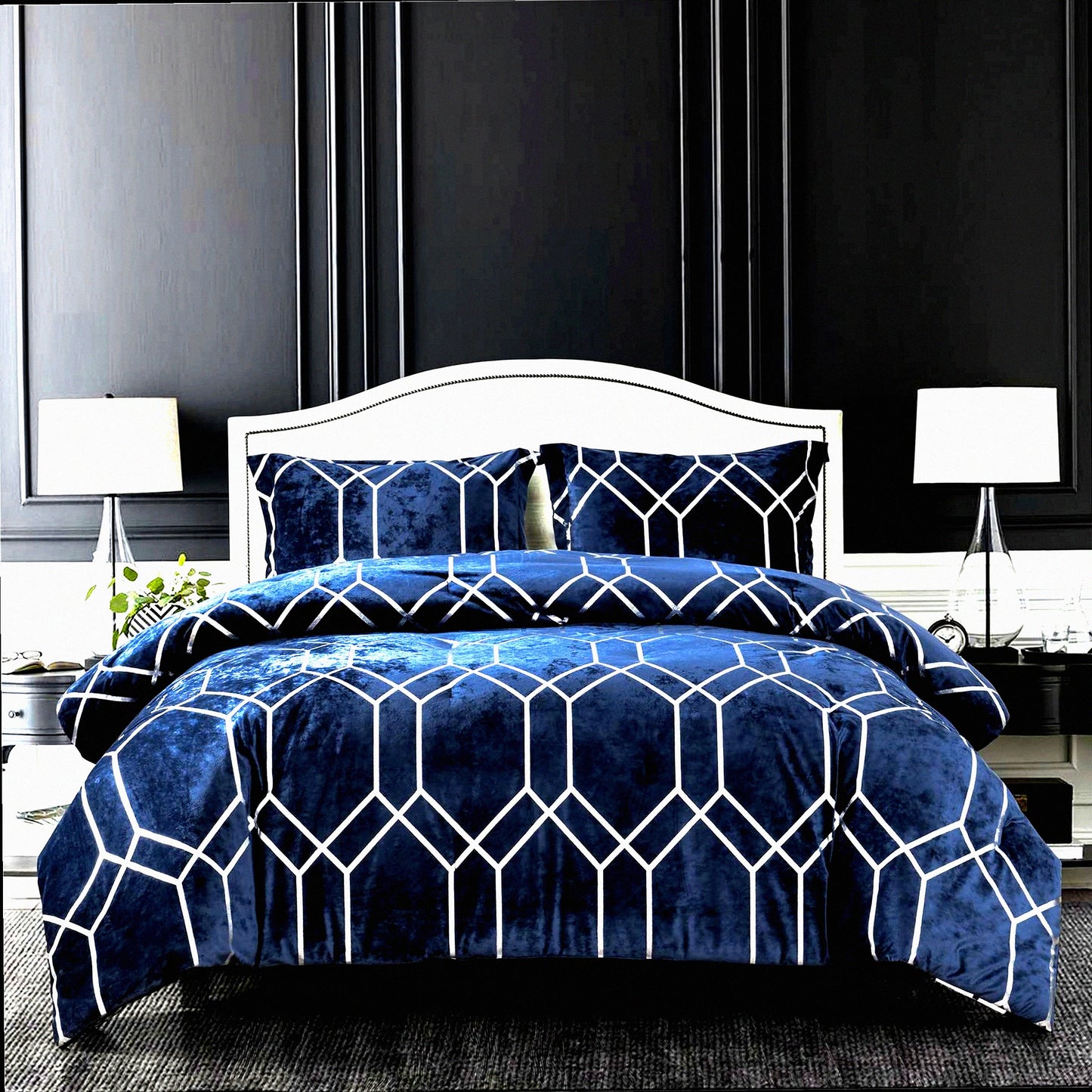 Metallic Velvet Comforter Set - Luxe Navy Silver Bedding - Soft Microfiber Reverse - Lightweight Poly Fill - 3 Piece Distressed Print Ensemble