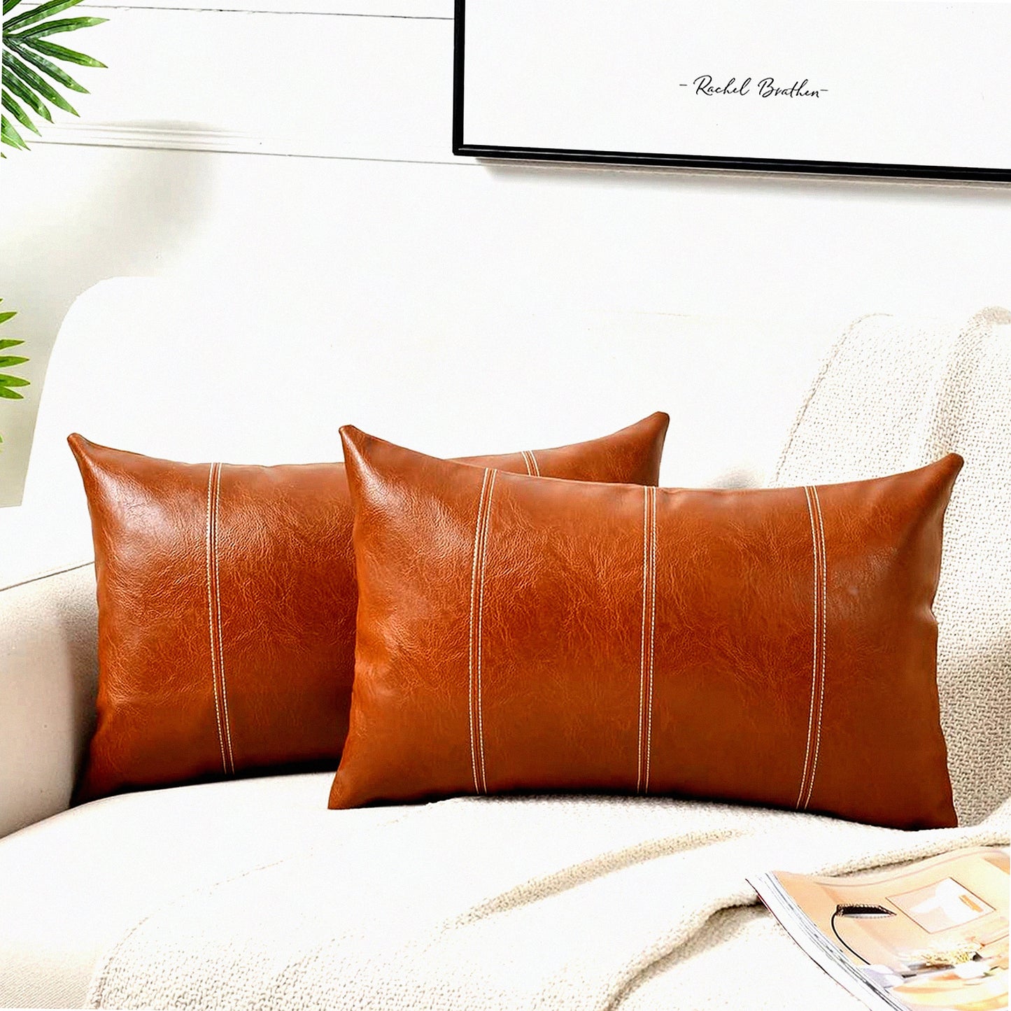 Rustic Boho Leather Lumbar Pillow Covers - Set of 2, Hand Stitched Decorative Cushion Cases for Living Room Couch, Modern Farmhouse Home Decor - 12x20 Inch