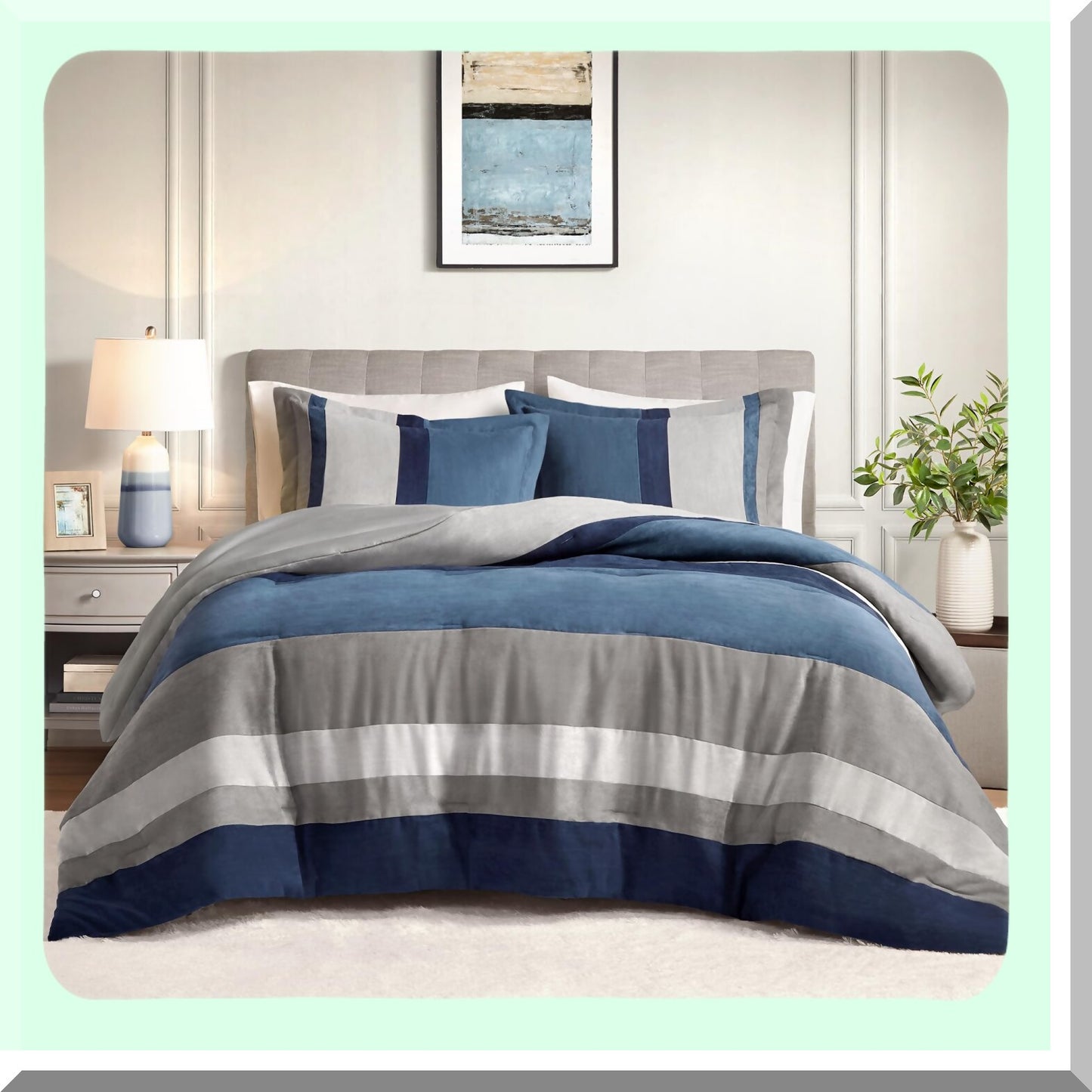 Luxe Microsuede Cal Blue Comforter Set - 3 Piece Color Block Stripes Bedding, Soft Brushed Microfiber, All Season, Matching Shams - CozyDreams