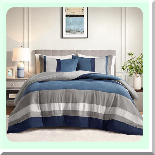 Luxe Microsuede Cal Blue Comforter Set - 3 Piece Color Block Stripes Bedding, Soft Brushed Microfiber, All Season, Matching Shams - CozyDreams
