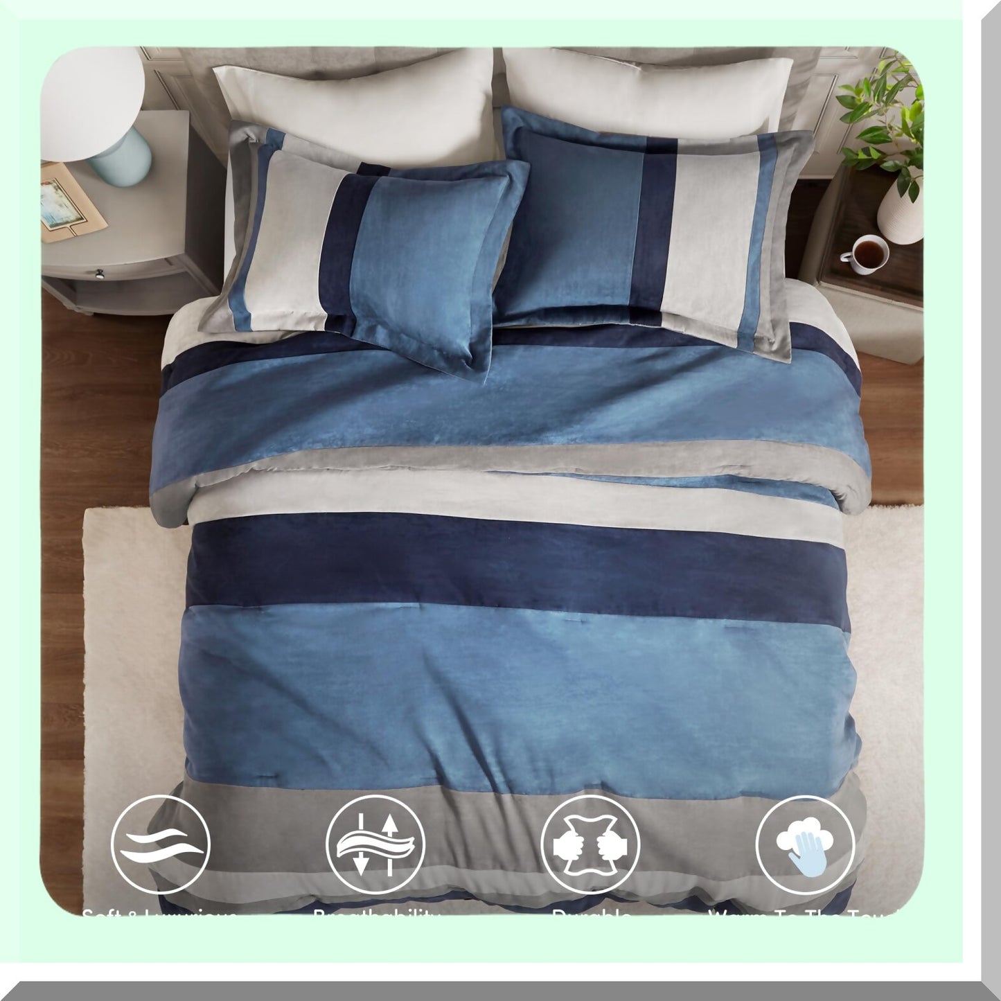 Luxe Microsuede Cal Blue Comforter Set - 3 Piece Color Block Stripes Bedding, Soft Brushed Microfiber, All Season, Matching Shams - CozyDreams