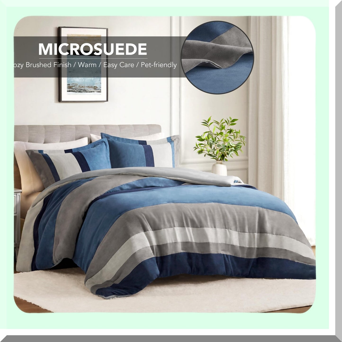 Luxe Microsuede Cal Blue Comforter Set - 3 Piece Color Block Stripes Bedding, Soft Brushed Microfiber, All Season, Matching Shams - CozyDreams