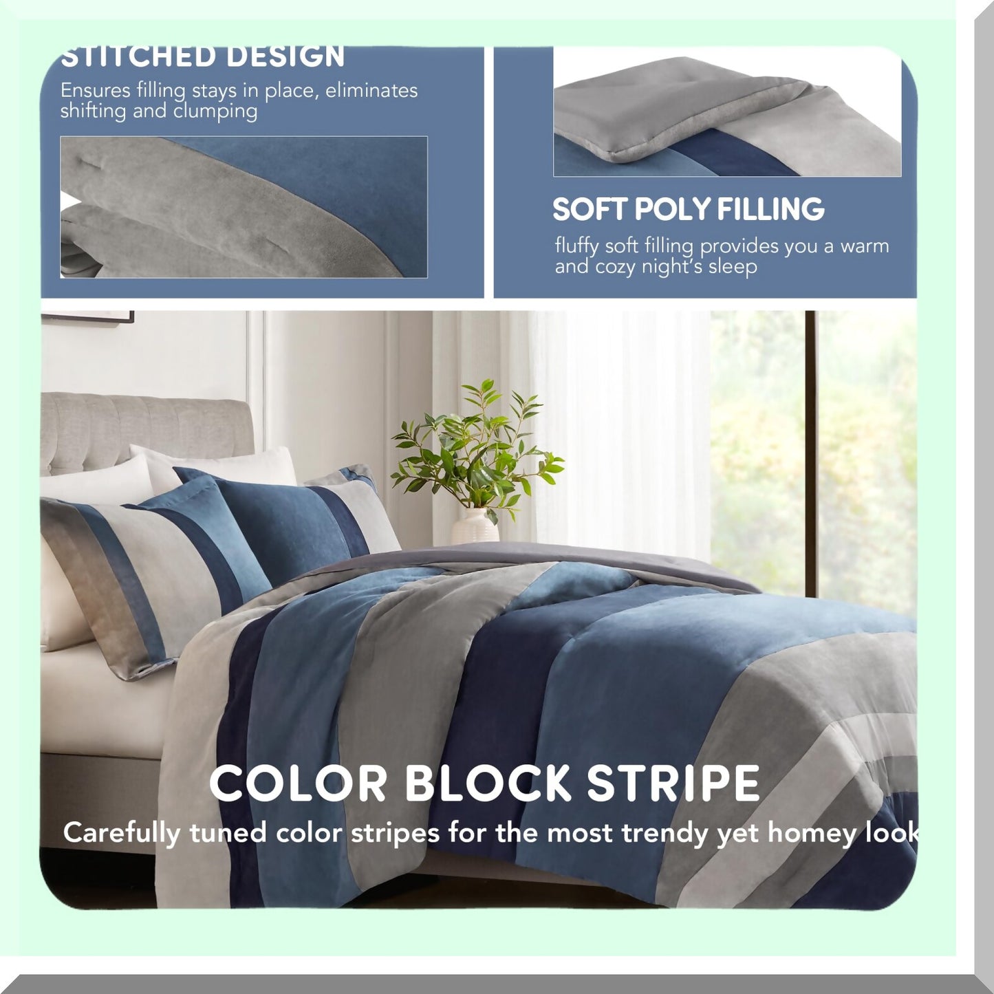 Luxe Microsuede Cal Blue Comforter Set - 3 Piece Color Block Stripes Bedding, Soft Brushed Microfiber, All Season, Matching Shams - CozyDreams