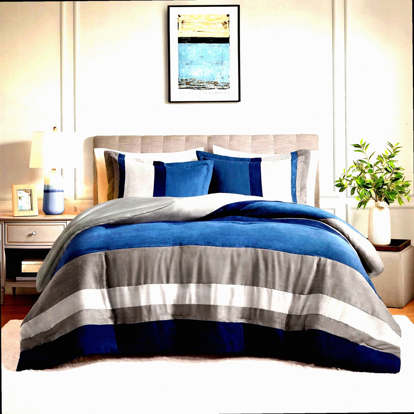 Luxe Microsuede Cal Blue Comforter Set - 3 Piece Color Block Stripes Bedding, Soft Brushed Microfiber, All Season, Matching Shams - CozyDreams