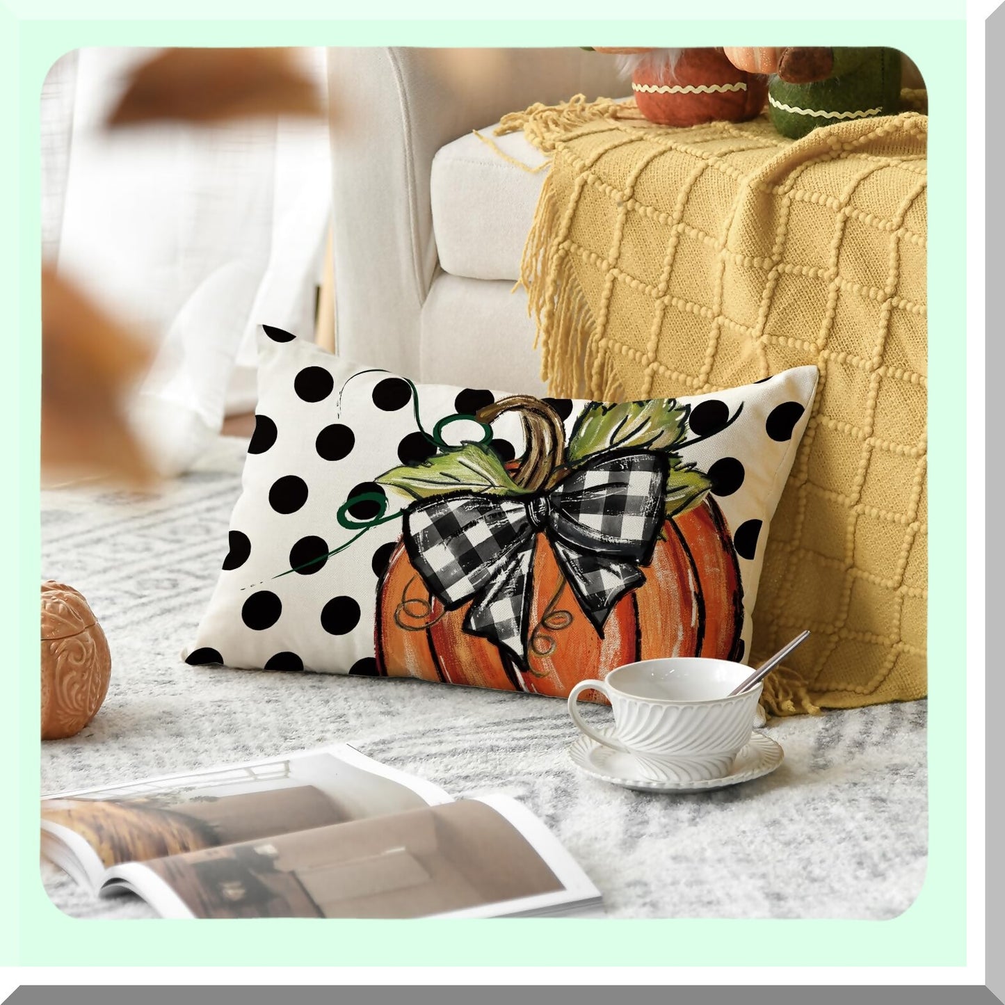 Autumn Harvest Polka Dot Pillow Cover - Fall Decorative Throw Cushion for Sofa, Seasonal Thanksgiving Home Decoration - 12x20 Inch