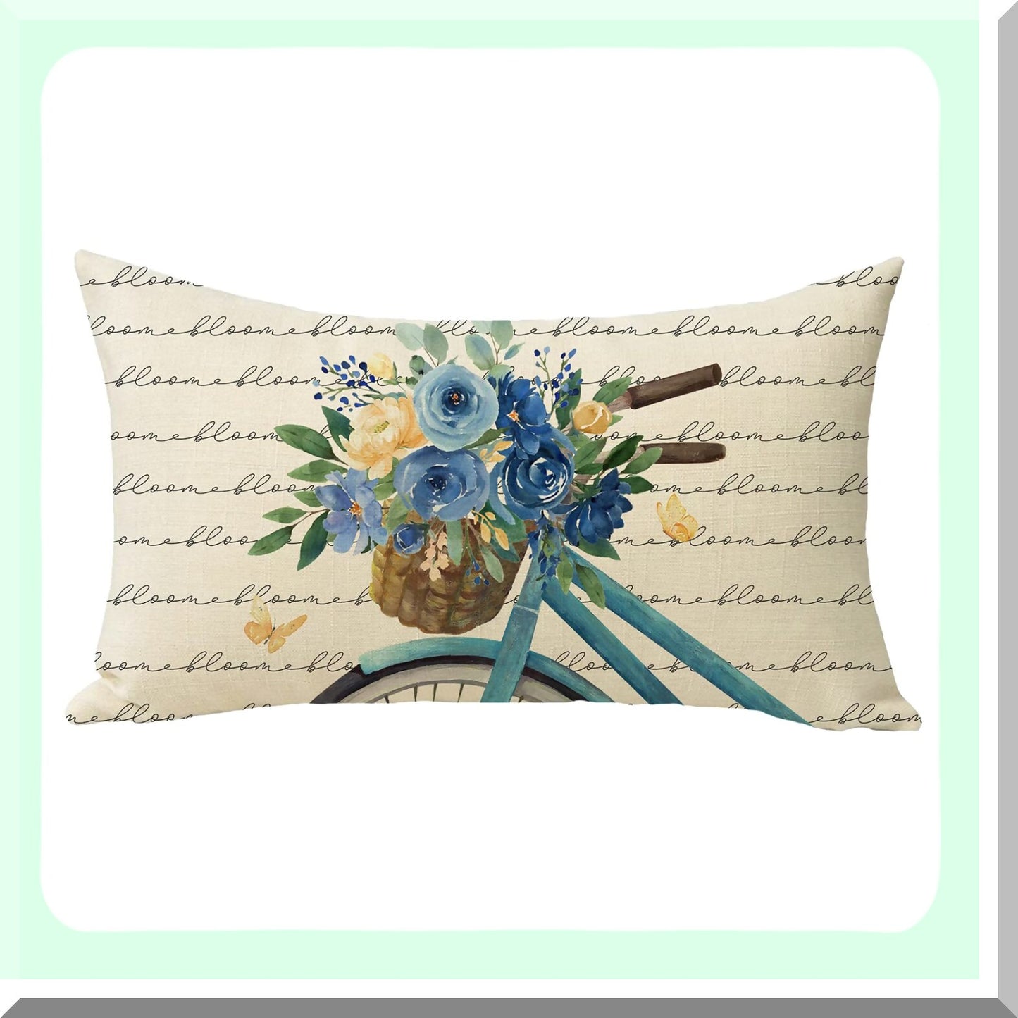 Blue Flower Bicycle Lumbar Pillow Cover - Floral Rose Bike Decorative Throw - Seasonal Bloom Bouquet Sofa Cushion Case - Spring Summer Outdoor Home Decor - Rectangular 12 x 20 Couch Accent