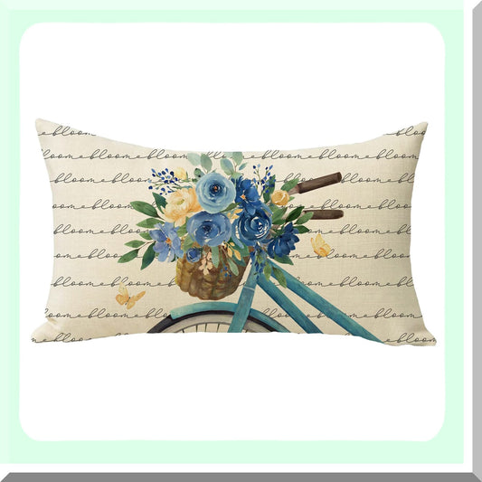 Blue Flower Bicycle Lumbar Pillow Cover - Floral Rose Bike Decorative Throw - Seasonal Bloom Bouquet Sofa Cushion Case - Spring Summer Outdoor Home Decor - Rectangular 12 x 20 Couch Accent