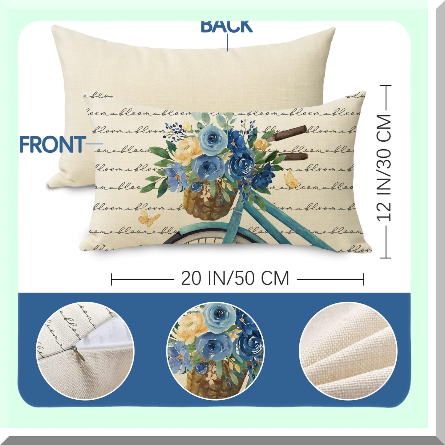 Blue Flower Bicycle Lumbar Pillow Cover - Floral Rose Bike Decorative Throw - Seasonal Bloom Bouquet Sofa Cushion Case - Spring Summer Outdoor Home Decor - Rectangular 12 x 20 Couch Accent