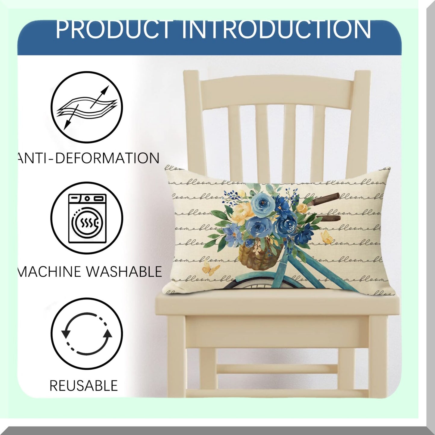 Blue Flower Bicycle Lumbar Pillow Cover - Floral Rose Bike Decorative Throw - Seasonal Bloom Bouquet Sofa Cushion Case - Spring Summer Outdoor Home Decor - Rectangular 12 x 20 Couch Accent