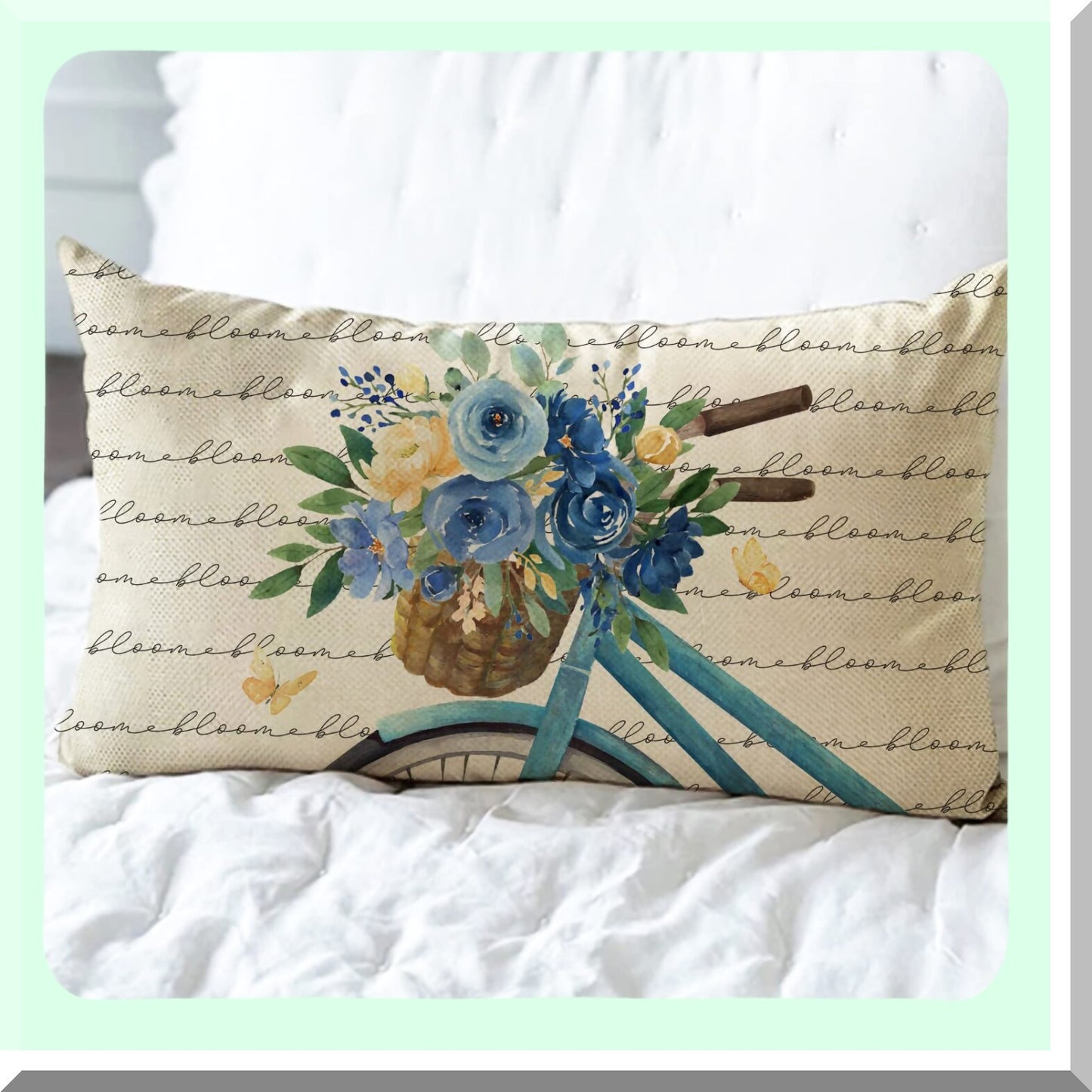 Blue Flower Bicycle Lumbar Pillow Cover - Floral Rose Bike Decorative Throw - Seasonal Bloom Bouquet Sofa Cushion Case - Spring Summer Outdoor Home Decor - Rectangular 12 x 20 Couch Accent