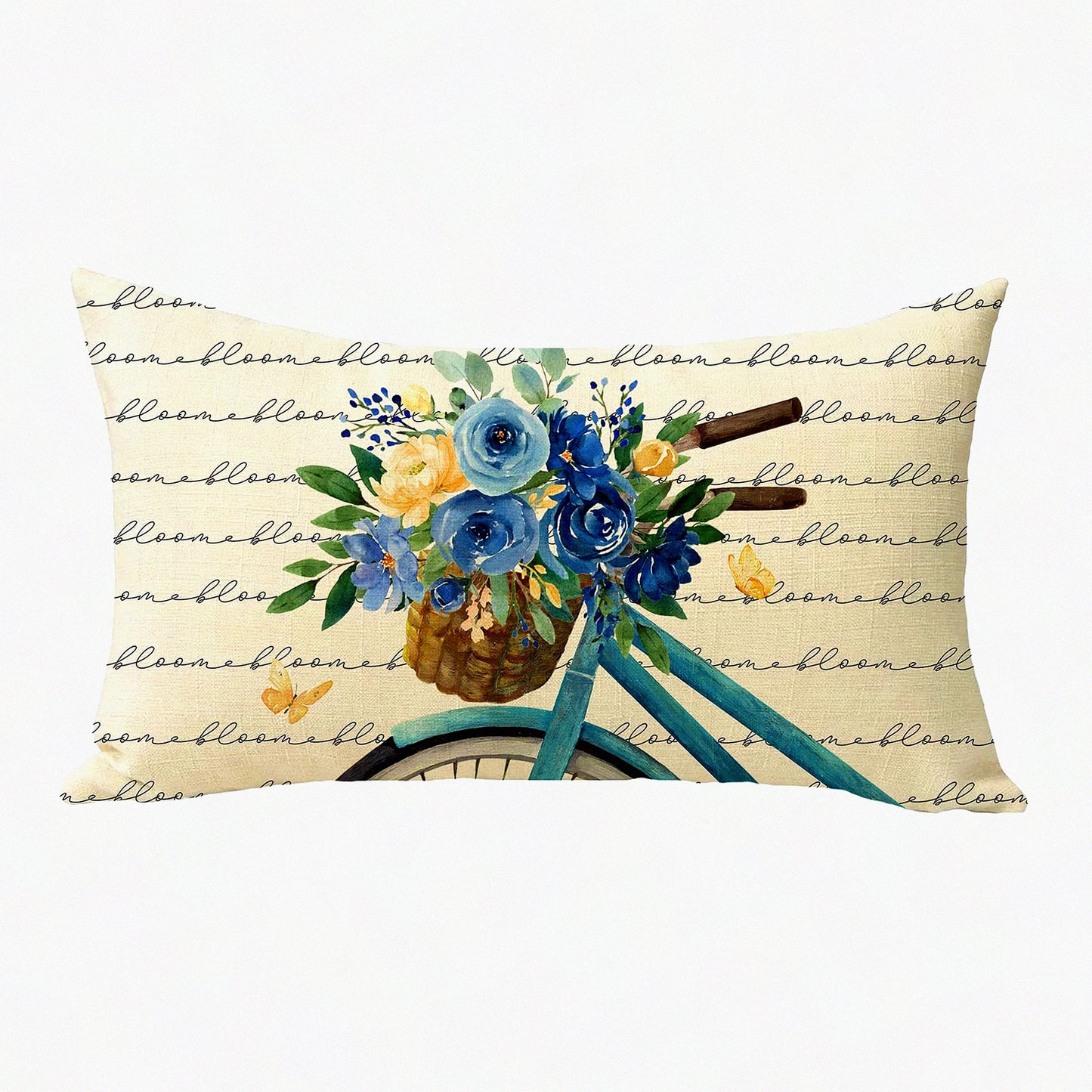 Blue Flower Bicycle Lumbar Pillow Cover - Floral Rose Bike Decorative Throw - Seasonal Bloom Bouquet Sofa Cushion Case - Spring Summer Outdoor Home Decor - Rectangular 12 x 20 Couch Accent