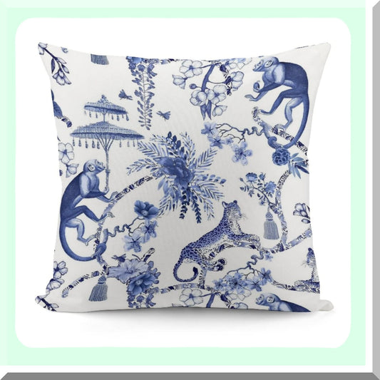 Chinoiseire Jungle Decor Pillow - Blue White Monkey Tiger Throw Cushion - Cozy Soft Square Cover for Home Sofa Bed Car - 18x18 Inch