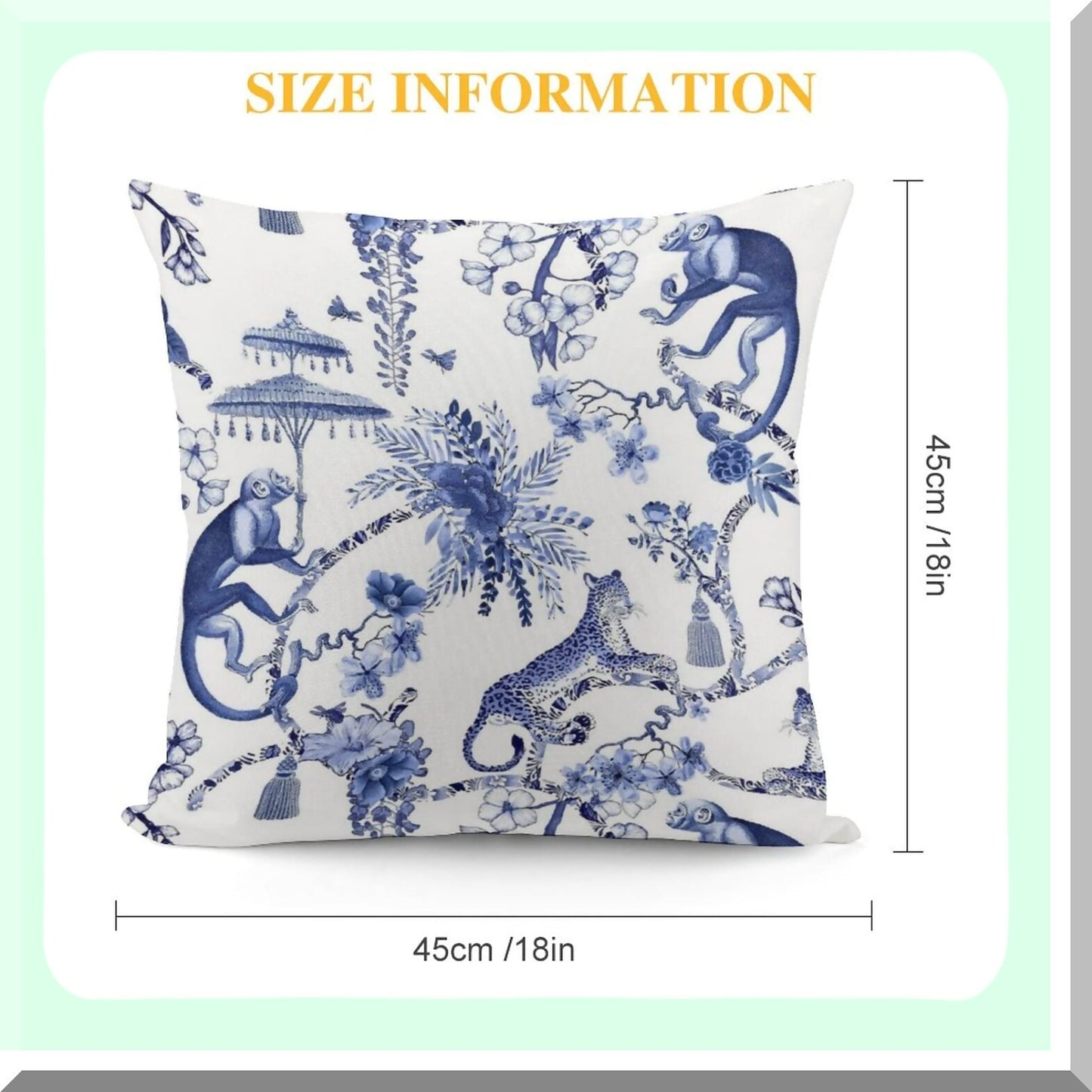 Chinoiseire Jungle Decor Pillow - Blue White Monkey Tiger Throw Cushion - Cozy Soft Square Cover for Home Sofa Bed Car - 18x18 Inch