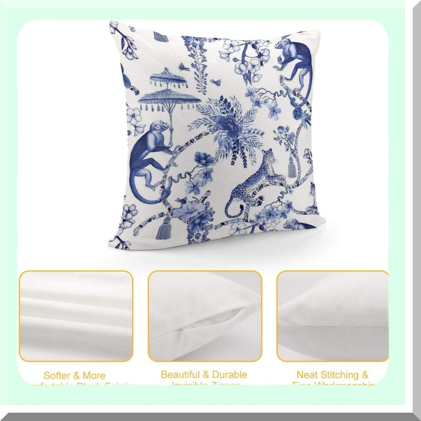 Chinoiseire Jungle Decor Pillow - Blue White Monkey Tiger Throw Cushion - Cozy Soft Square Cover for Home Sofa Bed Car - 18x18 Inch