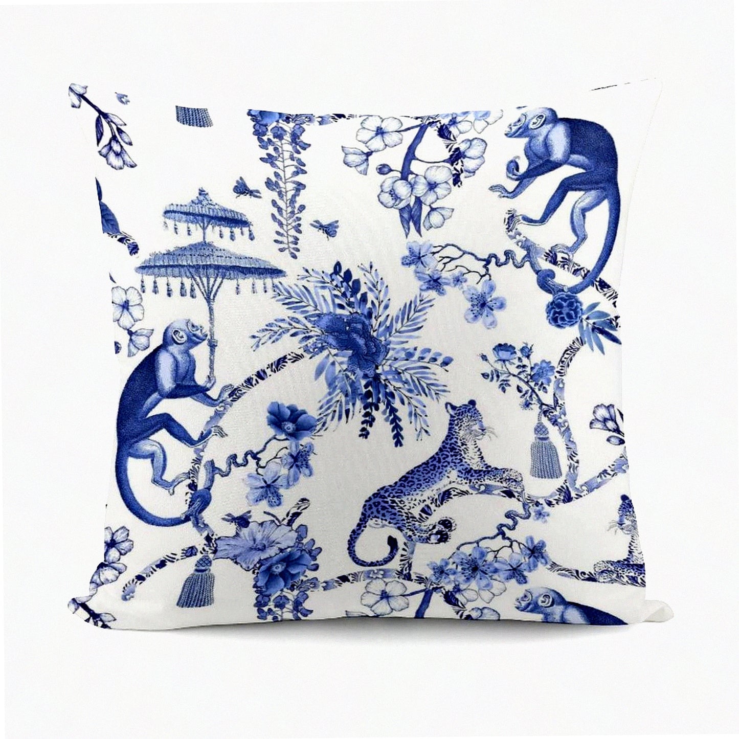 Chinoiseire Jungle Decor Pillow - Blue White Monkey Tiger Throw Cushion - Cozy Soft Square Cover for Home Sofa Bed Car - 18x18 Inch
